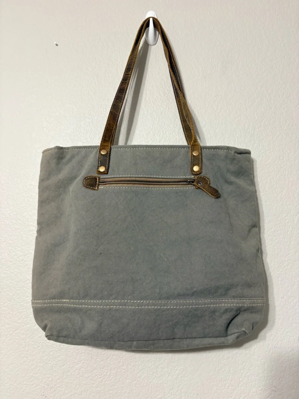 Myra Upcycled Chevron Striped Blue, Beige Gray Woven‎ Tote w Brown Leather Trim